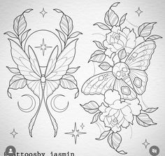 two flowers with butterfly wings and stars in the background, one is black and white