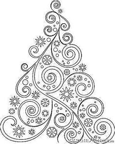 a christmas tree with swirls and snowflakes on the top, in black ink