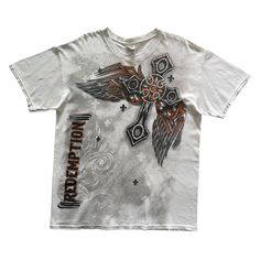 White Sublimation Print Y2k Tops, White Y2k Top With Sublimation Print, Y2k Sublimation Print Short Sleeve T-shirt, Grunge Short Sleeve Tops With Sublimation Print, Y2k Tops With Relaxed Fit And Sublimation Print, White Grunge Top With Front Print, Y2k Style T-shirt With Front Print And Crew Neck, Y2k Style White T-shirt With Front Print, White Y2k Pre-shrunk T-shirt