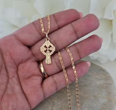 14k Gold Celtic Cross Necklace, Small Hallmarked Celtic Cross, 2mm Scroll Chain, 14k Heavy Plated Gold Necklace, Embossed Celtic Knot Design #GoldCrossChain #CelticCross #10kCelticCross #GoldCrucifix #GoldCelticCross #CelticCrossPendant #CeltKnot #CelticKnot #14kCelticCross #SmallCelticCross Celtic Cross Necklace, Celtic Heritage, Celtic Knot Designs, Oak Forest, Knot Design, Celtic Cross, Gold Cross, Custom Necklace, Gold Plated Chains