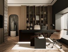 an office with a desk, chair and bookshelf