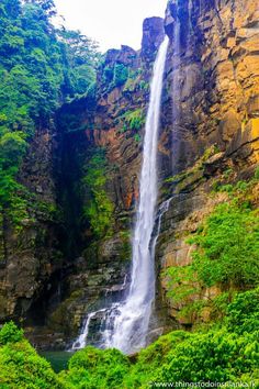 a large waterfall in the middle of a lush green forest