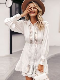 White Ruffle Hem Lace Insert Button Shirt Dress #keyomi-sook @keyomi_sook Button Shirt Dress, White Short Dress, Button Front Dress, Party Dress Short, Lace Insert, Lantern Sleeve, White Short, Party Dresses For Women, Button Shirt