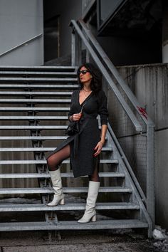 Woman wearing a casual winter outfit: Grey Knit Wrap Dress, White Boots, Black Tights Dress Work Outfit, Fancy Dress Outfits, Dress Work