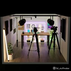 a camera set up on a tripod in front of a table with lights and plants