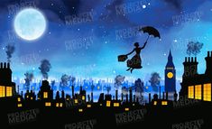 a woman flying through the air while holding an umbrella in front of a full moon