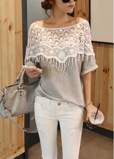 Enchanting Tassels Decorated Half Sleeve Color Block T Shirt Grey Lace Top, Cutout Shirts, Crochet Cape, Rocker Girl, Diy Vetement, Stil Boho, Lace Cutout, Vogue Fashion