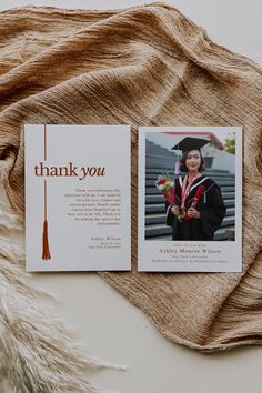 a graduation thank card with an image of a woman in her cap and gown on it