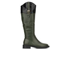 The two-toned Desiree boot is the perfect travel buddy. These easy to wear boots features a curved collar, round toe, belt accent and inner zipper. Faux Leather upper, Side Zipper, Approx. 1\ heel, Almond Toe, Rubber outsole | Women's Torgeis Desiree Knee High Boot in Green Size 6.5 Womens Boots Knee High, Luxury Boots, Travel Buddy, Womens Riding Boots, Shoe Carnival, Urban Chic, Shoes Heels Boots, Dress Codes, Boot Shoes Women