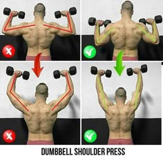 a man doing dumbbell shoulder presss with green arrows pointing to the right and left