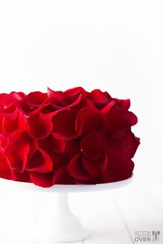 a white cake with red flowers on the top is shown in front of a white background