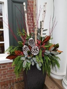 a potted plant with pine cones and greenery in front of a door way