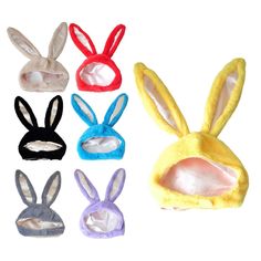 four different colored bunny ears are shown in the shape of an animal's head