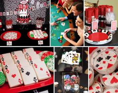 a collage of photos with casino themed items and decorations on them, including cards