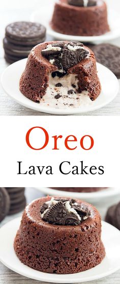 oreo lava cakes on white plates with oreos in the background