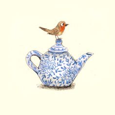 a drawing of a bird sitting on top of a tea pot with flowers in it