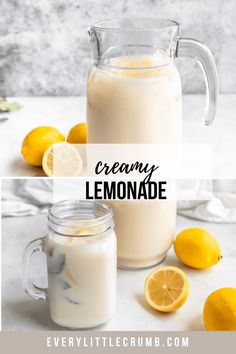 the ingredients to make creamy lemonade are shown in two separate images, one is white and the other is yellow