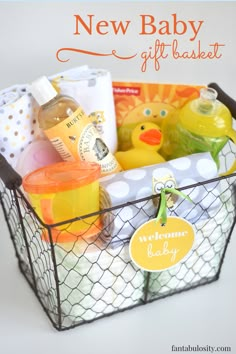 a new baby gift basket filled with toys