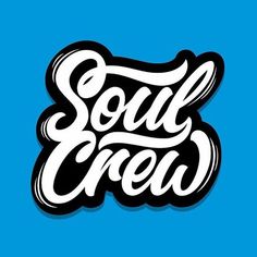 the word soul crew written in black and white on a blue background with an artistic design