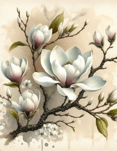 a painting of white flowers with green leaves on a tree branch in front of a light colored background