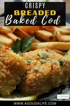 crispy breaded baked chicken is served with fries