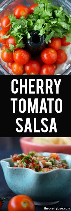 cherry tomato salsa in a glass bowl with tomatoes and parsley on the side next to it