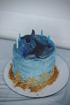 a blue cake with two dolphins on top and candles sticking out of the frosting