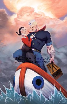 a man and woman on top of a boat in the ocean with clouds behind them