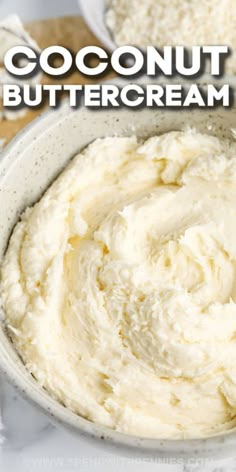 a white bowl filled with coconut buttercream