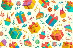 colorful birthday gifts and confetti on a white background seamless wallpaper pattern