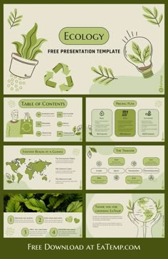 a green ecology powerpoint presentation template with plants and rectangles on the side