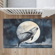 a painting of a whale jumping out of the water in front of a full moon