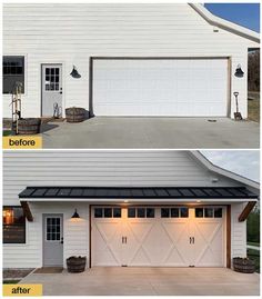 before and after shots of a white garage