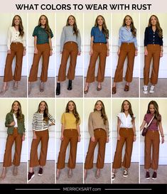 Summer Outfits Autumn Colors, Simple Chic Style Minimal Classic, Rust Clothing Color Combos, Rust Pants Outfit Summer, Rust And Teal Outfit, Rust Cropped Pants Outfit, Rust Dress Pants Outfit, Cinnamon Color Pants Outfit, Rust Colored Jeans Outfit