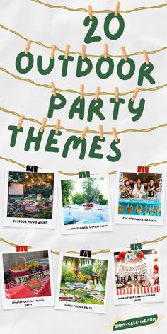 an outdoor party theme with photos and clothes pins