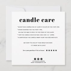 a card with the words candle care written in black and white on it's front