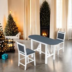 a table and chairs in front of a christmas tree