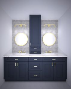 two sinks and mirrors in a bathroom with dark blue cabinets, gold trimmings