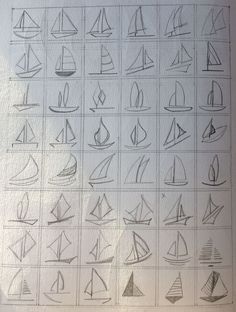 a drawing of sailboats on paper with some lines drawn in the shape of boats