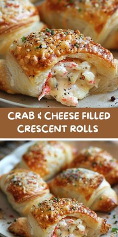 crab and cheese filled crescent rolls on a plate with text overlay that reads crab and cheese filled crescent rolls