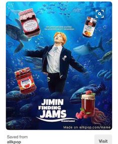 an advertisement for jams featuring a man surrounded by fish and jelly jars in the ocean