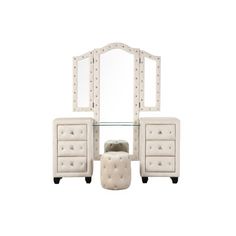 a white vanity with two drawers and a mirror on it's side, next to a foot stool