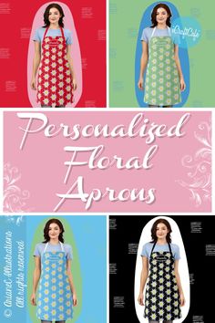 four different styles of aprons with the words personalized floral aprons