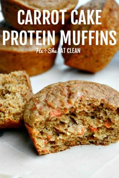 carrot cake protein muffins are cut in half and stacked on top of each other