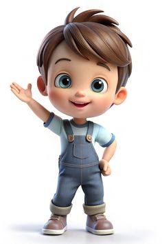 a little boy in overalls standing with his hand up