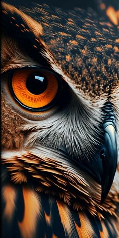 an owl's eye is shown in this artistic photo, which appears to be painted orange and black