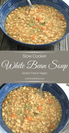 two bowls filled with white bean soup on top of a wooden table