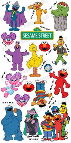 sesame street characters are shown in different colors and sizes, with the words sesame street on them