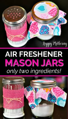 mason jars with pink and blue fabric on them