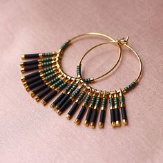 B.O. BAMBOU 24K Fine Gold Plated Hoop Earrings With Miyuki - Etsy Beaded Earrings Ideas, Black Boho Chic, Golden Hoop Earrings, Miyuki Bead, Earrings Ideas, Beaded Earrings Diy, Earrings Diy, Earrings Inspiration, Work Jewelry